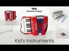 a red accordion with musical instruments attached to it and the words kid's instruments