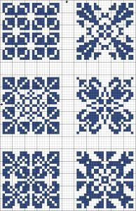 four blue and white squares with different designs on them, each showing the same pattern