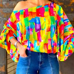 Lantern Sleeve Slash Neck Casual Blouse . This Blouse Is So Beautiful Colorblock Top, Lantern Sleeve Top, Lantern Sleeved Blouses, Pattern Dress Women, Chic Blouses, Color Block Top, Summer Fabrics, Loose Tops, Lantern Sleeve