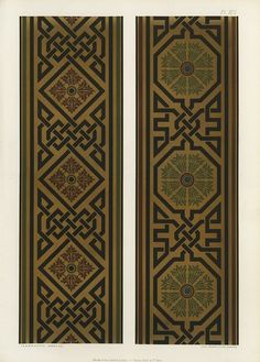 two panels with designs on them, one in green and the other in brown color