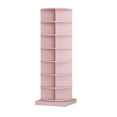 a tall pink shelf with many shelves on it