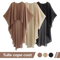 Description: Material: Polyester Color: Black,Khaki,Coffee Size: One Size Package: 1x Women's Poncho Long Cloak, Cape Blouse, Tulle Cape, Cloak Coat, Elegant Jacket, Chiffon Shawl, Chic Coat, Poncho Tops, Poncho Style