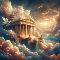 an artistic painting of clouds surrounding a temple