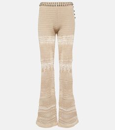 Embellished Crochet Cotton Flared Pants in Beige - Paco Rabanne | Mytheresa Embellished Crochet, Crochet Pants, Spanish Fashion, Beaded Crochet, Beige Pants, 1960s Fashion, Flared Pants, Slim Fit Trousers, Cotton Crochet