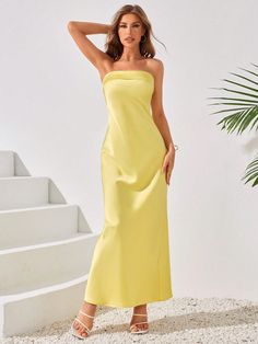 Women's Solid Color Minimalist Elegant Sleeveless Dress, Casual Everyday Wear Yellow   Sleeveless Satin  A Line,Fitted Non-Stretch  Weddings & Events, size features are:Bust: ,Length: ,Sleeve Length: Strapless Sleeveless Dress For Spring Banquet, Yellow Sleeveless Evening Dress For Banquet, Spring Strapless Sleeveless Dress For Banquet, Strapless Sleeveless Dress For Prom, Banquet Maxi Dress With Straight Neckline, Yellow Strapless Sleeveless Dress For Party, Yellow A-line Midi Dress For Brunch, Semi Formal Wedding Guest Dress, Fitted Yellow A-line Midi Dress