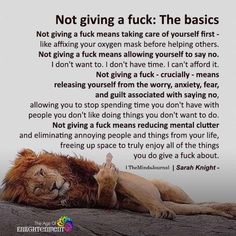 a lion laying on top of a rock next to a quote about giving a fock the basics