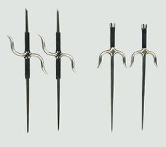 four different types of swords are shown in this image, one is black and the other is silver