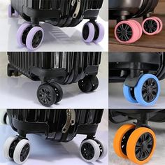 four different colored wheels on a black suitcase