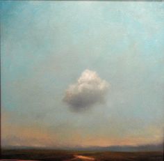 an oil painting of a cloud in the sky above a dirt road with grass and trees