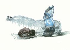 a drawing of a bottle that has been wrapped in ice and is laying on the ground