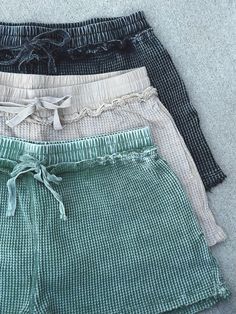 Dreamy waffle knit shorts with pockets!! Perfect for lounging or running errands! You choose color: black, taupe or basil (green). DETAILS:• 100% cotton• Mineral-washed and vintage, distressed appearance• Elastic waist and drawcord• Side pockets• 2" inseam• Model is 5'9", a size 2, and is wearing an S Waffle Knit Shorts, Beachy Fashion, Green Details, Cute Preppy Outfits, Cute Everyday Outfits, Aberdeen, Outfit Goals, Knit Shorts, Preppy Outfits