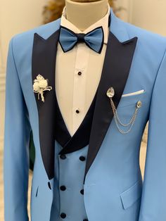 Size :46-48-50-52-54-56Suit material: 65% polyester 35% viscoseMachine Washable : No jacket slit : double slitproduct content : Jacket +Vest +Pants+bow tie Remarks: Dry Cleaning Only Blue Prom Tuxedo, Slim Fit Tuxedo Wedding, Blue Prom Suit, Blue Tuxedo Wedding, Wedding Suits Men Blue, Blue Tux, Tuxedo Colors, Prom Tuxedo, Light Blue Suit