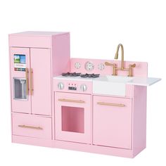 a pink play kitchen with sink, stove and oven in the middle is shown on a white background