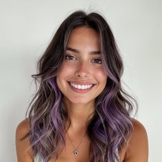 Purple And Brown Hair Aesthetic, Purple Pieces In Hair, Brunette And Lavender Hair, Brown Hair Lilac Highlights, Subtle Coloured Hair, Brown To Lavender Hair, Brown Hair With Lilac Highlights, Dark Hair With Lavender Highlights, Lavender Money Piece Hair Brunette