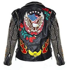 Women Punk Studded Leather, Jacket US Flag Eagle Gothic, Embroidered Patch, Fire Flame Patch Studded Jacket, Punk Rock,. Steam Punk Jacket * 100% Genuine High Quality (1 to 1.2 MM) Leather Jacket. * Studded work Handmade * Soft Cowhide Leather * Zipper Detailed Cuffs * Inside Lining and Pocket. * Fine Premium Stitching with a stylish look. * We guarantee the highest quality at the best price. * All Colors are available * All Sizes Available Punk Leather Jacket With Rhinestone Rivets For Fall, Rocker Outerwear With Rhinestone Rivets For Fall, Rocker Winter Outerwear With Rhinestone Rivets, Rocker Style Fall Outerwear With Rhinestone Rivets, Rocker Style Winter Outerwear With Rhinestone Rivets, Edgy Long Sleeve Outerwear With Rhinestone Rivets, Fall Punk Biker Jacket With Rhinestone Rivets, Punk Biker Jacket With Rhinestone Rivets For Fall, Fall Punk Style Biker Jacket With Rhinestone Rivets