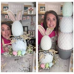 two pictures of a woman with bunny ears and eggs