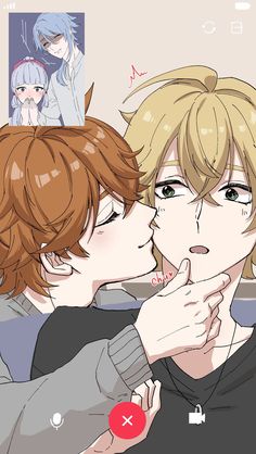 two young men kissing each other in front of a poster with anime characters behind them