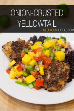 a plate with some food on it and the words onion - crusted yellowtail above it