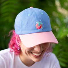 The perfect hat to add to your collection. This color-blocked hat is embroidered with a Strawburry17 detail on the front and includes teal eyelets Label detail on the sweatband Adjustable metal strap back Orders processed within 2-3 business days Multicolor Curved Brim Baseball Cap, Retro Curved Bill Hats For Spring, Fun Embroidered Logo Baseball Cap, Fun Baseball Cap With Embroidered Logo, Fun Cap With Embroidered Logo, Summer Brimmed Hat With Embroidered Logo, Fun Embroidered Logo Cap, Multicolor Curved Bill Hats For Spring, Pink Fitted Hat With Curved Brim