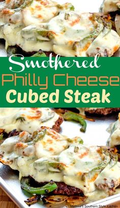 this is an image of smothered philly cheese cubed steak