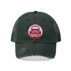 Upstate Cruisers - South Carolina based Land Cruiser club presents their club logo embroidered onto a distressed trucker hat. The Unisex Trucker Cap will be the envy of your picnic, festival or tailgate party. A breathable mesh backing and herringbone cotton front give this hat a rugged look, while the pre-curved fray visor and unstructured crown guarantee a perfect natural fit from the moment you put it on your head. .: 100% Cotton front .: 100% Polyester mesh back .: Unstructured, 6-panel, low Trucker Visor Hat With Logo Patch, Trucker Cap With Embroidered Logo, Custom Logo Trucker Cap, Casual Trucker Hat With Custom Logo, Club Logo, Rugged Look, Tailgate Party, Land Cruiser, Logo Embroidered