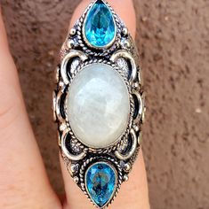 Brand New Handmade Rainbow Moonstone And Faceted Blue Topaz Silver Statement Ring. Size 8 925 Stamped New To Poshmark? Use Referral Code Kimberlyn222 To Receive $10. Blue Moonstone Birthstone Ring, Bohemian Silver Moonstone Ring With Gemstone Accents, Blue Moonstone Ring With Natural Stones, Blue Moonstone Ring With Accent Stones, Silver Bohemian Moonstone Ring With Gemstone Accents, Silver Topaz Ring With Moonstone Gemstone, Gift Blue Multi-stone Moonstone Ring, Sterling Silver Multi-stone Topaz Ring, Luxury Blue Multi-stone Moonstone Ring