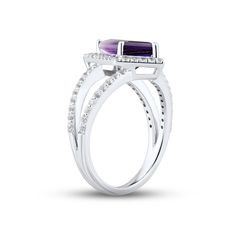 This unique and elegant ring features a dazzling shield-cut amethyst framed in dainty round white lab-created sapphires. The split band is crafted in sterling silver and shines with two rows of round white lab-created sapphires for a chic and sparkly stacked look. Timeless Asscher Cut Gemstone Rings, Emerald-cut Amethyst Ring With Gemstone Accents For Formal, Emerald Cut Amethyst Ring With Gemstone Accents For Formal, Anniversary Ring With Gemstone Accents, Baguette Cut, Fine Jewelry Octagon Ring With Center Stone, Diamond White Rings With Gemstone Accents, Anniversary Rings With Gemstone Accents And Baguette Cut, Elegant Octagon Ring With Accent Stones, Classic Round Cut Rings With Gemstone Accents