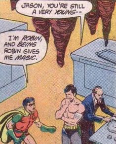 an old comic strip with two men in the kitchen and one is wearing a superman costume