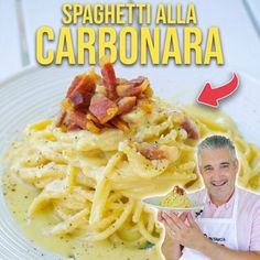 a man holding a plate of food in front of him with the caption spaghetti alla carbonara