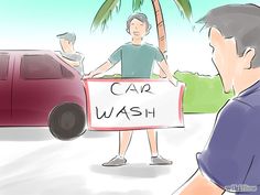 a man holding a car wash sign in front of a red car and palm tree