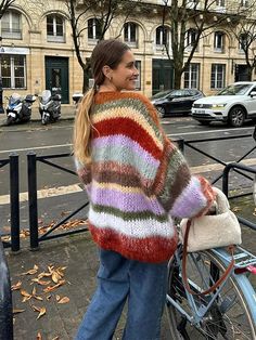 Lizakosht Colorful Stripe Contrast Knit Cardigan Women Chic Lantern Sleeves Loose Warm Sweater Tops 2024 New Spring Female High Streetwear