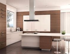 a modern kitchen with white counters and brown cabinets