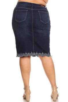 You will love this adorable Jean skirt that has lace detailing along the hem. It is mid length and comes below the knee. It has a solid, yet stretchy form to it and fits wonderfully! This skirt measures true to size. Measures 28 inches in length XS: Waist 28", Hip 35" small- Waist: 30" Hip 37.25" Medium- Waist: 32.25", Hip: 39.5" Large-Waist: 34.5", Hip 41.75" XL: Waist: 37", Hip 44" 2XL: Waist 39.25", Hip 46.25" 3XL: Waist 41.5", Hip 48.5" Fitted Bottoms With Scalloped Edges For Spring, Fitted Short Skirt With Frayed Hem, Fitted Skirt With Frayed Hem In Short Length, Fitted Pencil Skirt With Frayed Hem, Fitted Denim Pencil Skirt With Frayed Hem, Casual Fitted Skirt With Unfinished Hem, Stretch Short Denim Skirt With Lining, Casual Fitted Bottoms With Lace Trim, Stretch Lace Trim Skirt