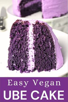 A slice of vibrant purple vegan ube cake with creamy frosting, showcasing a moist and rich texture, perfect for a delicious vegan dessert. Purple Yam Cake, Ube Desserts, Ube Extract, Yam Cake, Ube Cake, Irish Apple Cake, Chocolate Chip Bundt Cake, Ube Recipes, Filipino Dessert