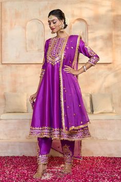 Purple anarkali in dupion base with floral pattern gota embroidered yoke, cuffs, hem and fringed lace details. Comes with matching dupion salwar and dupatta. - Aza Fashions Purple Anarkali, Salwar Pattern, Women Kurta, Lace Neckline, Set For Women, Anarkali, Aza Fashion, Three Quarter, Lace Detail