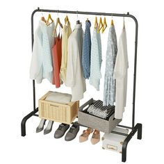 an ironing rack with clothes and shoes hanging from it's sides, next to a basket