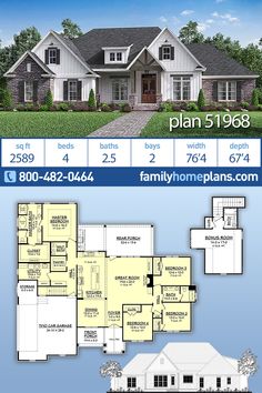 two story house plan with 3 bedroom and 2 bathrooms in the front, an open floor plan