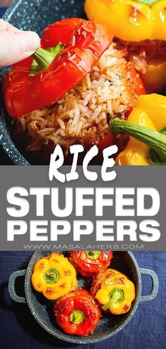 rice stuffed peppers in a skillet with text overlay