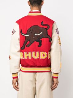 Bull Market varsity jacket from RHUDE featuring bright red, multicolour, stretch-cotton, lambskin, embroidered design, baseball collar, contrasting-fabric sleeves, stripe trim and two side welt pockets. Kith Jacket, Varsity Jacket Red, Bull Market, Mens Leather Coats, Designer Jackets For Men, Leather Varsity Jackets, Mens Fasion, Biker Jacket Men, Daily Cleaning