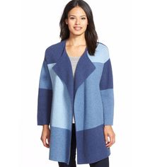 Nordstrom Collection Colorblock Wool & Cashmere Sweater Jacket Xxs/Xs Blue New Without Tags! Bold Blocks Of Beautiful Blues Enliven A Sweater Jacket That Keeps You Cozy In A Wonderfully Soft Wool-And-Cashmere Knit. An Inset Panel In The Back Adds Volume To The Easy Drop-Shoulder Style. Open Front, And Long Sleeves. Women's Size Xx/Xs - Pit To Pit: 20" Sleeves: 24.5" From Collar Length: 29" From Shortest 67% Wool, 29% Cashmere, 3% Nylon, 1% Spandex N6160 Blue Winter Cardigan For Work, Blue Winter Workwear Cardigan, Fitted Nordstrom Outerwear For Fall, Blue Outerwear For Fall Layering, Blue Outerwear For Work In Fall, Nordstrom Long Sleeve Spring Outerwear, Nordstrom Spring Long Sleeve Outerwear, Nordstrom Fall Outerwear For Work, Nordstrom Outerwear For Fall Workwear