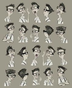 an image of a man with glasses making various expressions on his face and head, all in different poses