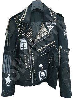 Multi Studded Gothic Style Outer Wear, Handmade Biker's Patches, Denim Brando Punk Jacket, Pins And Spiked Clothing Men, Punk Rock Jacket, Black Color Jeans Jacket Some Awesome patches contribute to the jacket's fashionable appearance. Pin Badges with High-Quality Studs. Each securely added by hand Cropped, Vintage-inspired / Moto / Fit Patches Jacket Silver Studded Steampunk Gothic Denim Jeans Clothing We provide this jacket in a variety of sizes to suit your needs. We provide options for customizing the size, design, or color to suit your preferences. Please check the size chart below before choosing your size. We can add the customer's name or logo to the jacket if they desire. Alternative Style Outerwear For Spring Concert, Alternative Style Outerwear For Concerts In Spring, Alternative Spring Outerwear For Concerts, Edgy Rivet-detailed Outerwear For Streetwear, Edgy Outerwear With Rivets For Streetwear, Edgy Riveted Outerwear For Streetwear, Spring Punk Biker Jacket For Alternative Fashion, Spring Punk Style Biker Jacket For Alternative Fashion, Alternative Streetwear Biker Jacket For Fall