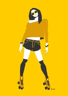 a woman with roller skates on a yellow background