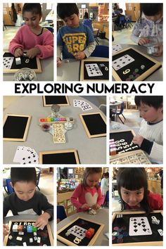 several pictures of children playing with numbers and letters