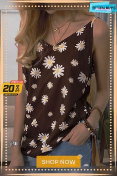 Vintage Sleeveless Daisies Printed Casual Vest Tops Brown Printed Summer Tops, Casual Sleeveless Printed Camisole, Casual Printed Sleeveless Camisole, Casual Brown Tank Top For Spring, Brown Cami Top For Spring, Brown Summer Vest Top, Brown Vest Top For Summer, Casual Brown Summer Camisole, Casual Brown Camisole For Summer