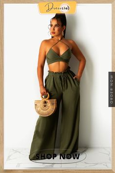 Fashion Women Clothing Solid Sleeveless Halter Crop Tops Wide Leg Pants Summer Two Piece Sets Summer Solid Two-piece Pants Set, Solid Color Two-piece Summer Pants, Chic Solid Color Pants For Beach, Chic Solid Color Beach Pants, Casual Sleeveless Two-piece Pants, Chic Khaki Summer Pants, Wide Leg Pants Summer, Summer Two Piece, Pants Summer