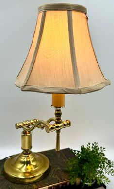 a lamp that is sitting on top of a table next to a book and potted plant