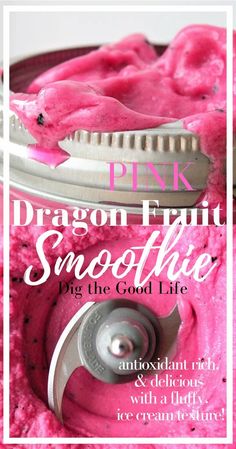 pink dragon fruit smoothie in a metal bowl