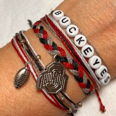 Ohio State Helmet, Ohio State Bracelet, Cheerleading Tshirts, Ohio State Buckeyes, Stackable Bracelets, Letter Beads, Ohio State, Red And Grey, Custom Bracelets