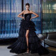 Glitter Black Tulle High Low Prom Party Dresses 2024 Custom Strapless Tiered Formal Occasion Dress Formal Occasion Dress, Long Evening Gowns, Black Tulle, Strapless Gown, Dresses 2024, Prom Party, Prom Party Dresses, Bridal Collection, New York Fashion Week